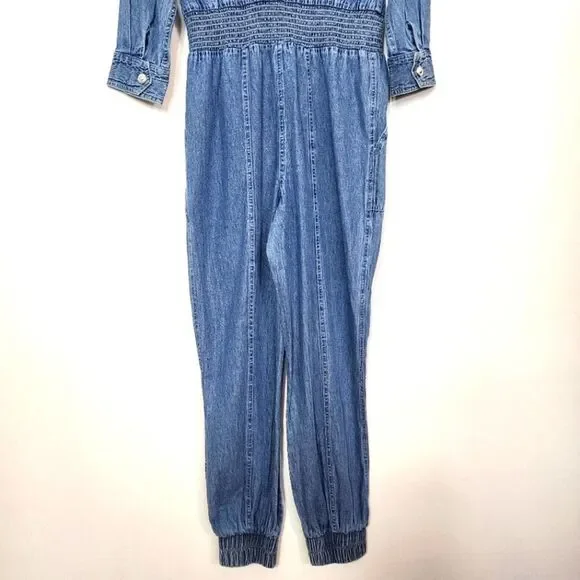 NWT River Island Jumpsuit Blue Denim Smocked Waist Boilersuit Size 8 UK, 6 US - Picture 11 of 12